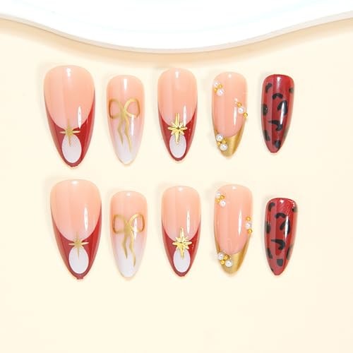 French Tip Gold Trim Acrylic Medium Almond Nude Pink Burgundy False Nails