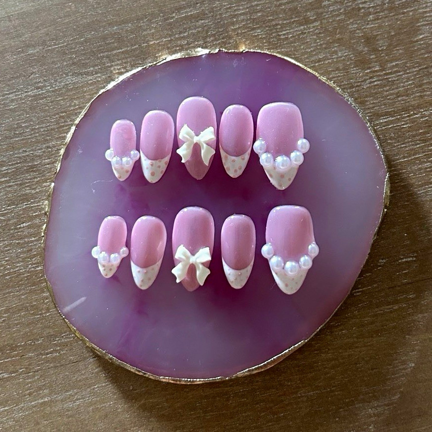 Pink/White French 3D Charms Almond Press-On Nails Set