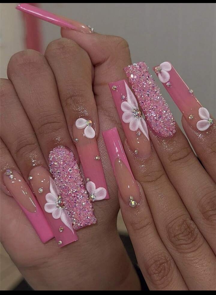 Pink 3D Floral Press On Nail Set with Glue Included