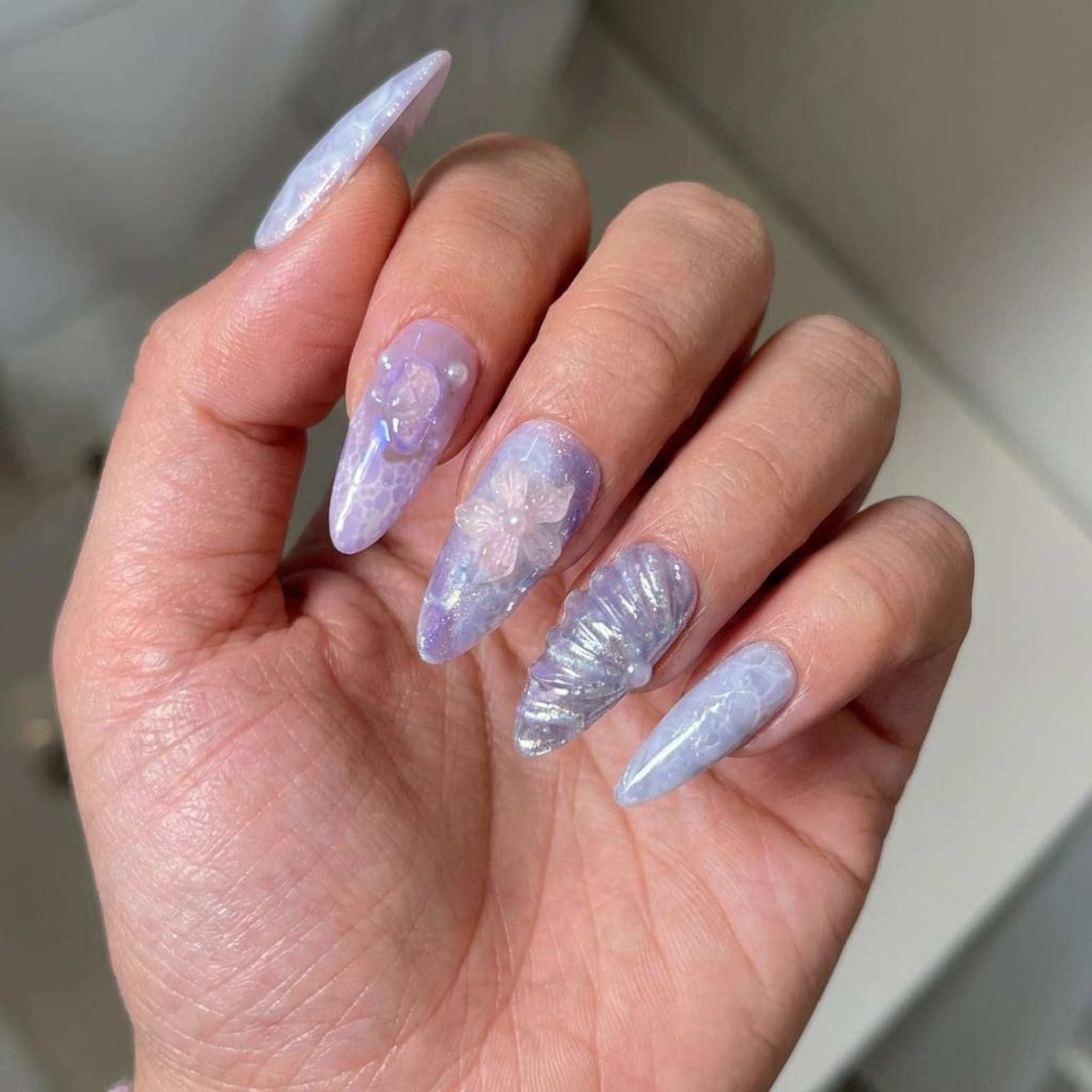 Handmade Purple Blue Mermaid Glitter Seashell Starfish Stiletto Press on Nails