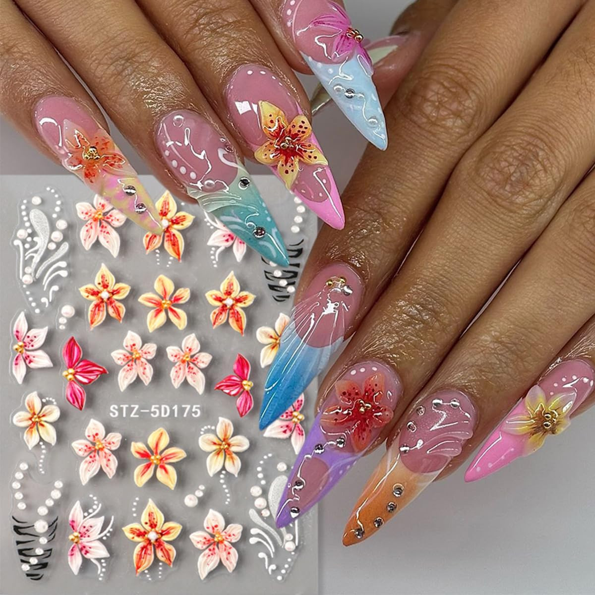 4 Sheets 5D Embossed Gradient Flowers Nail Stickers for Nail Art Design Summer F