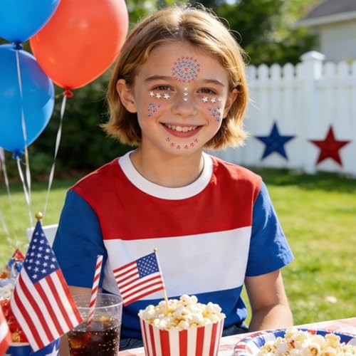 Patriotic Star Rhinestone Face Stickers Set – 6 Sheets Red White Blue 3D Self