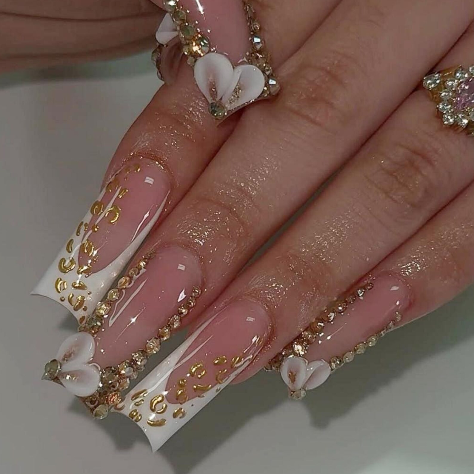 Handmade White French 3D Heart Gold Flake Rhinestone Long Square Press on Nails
