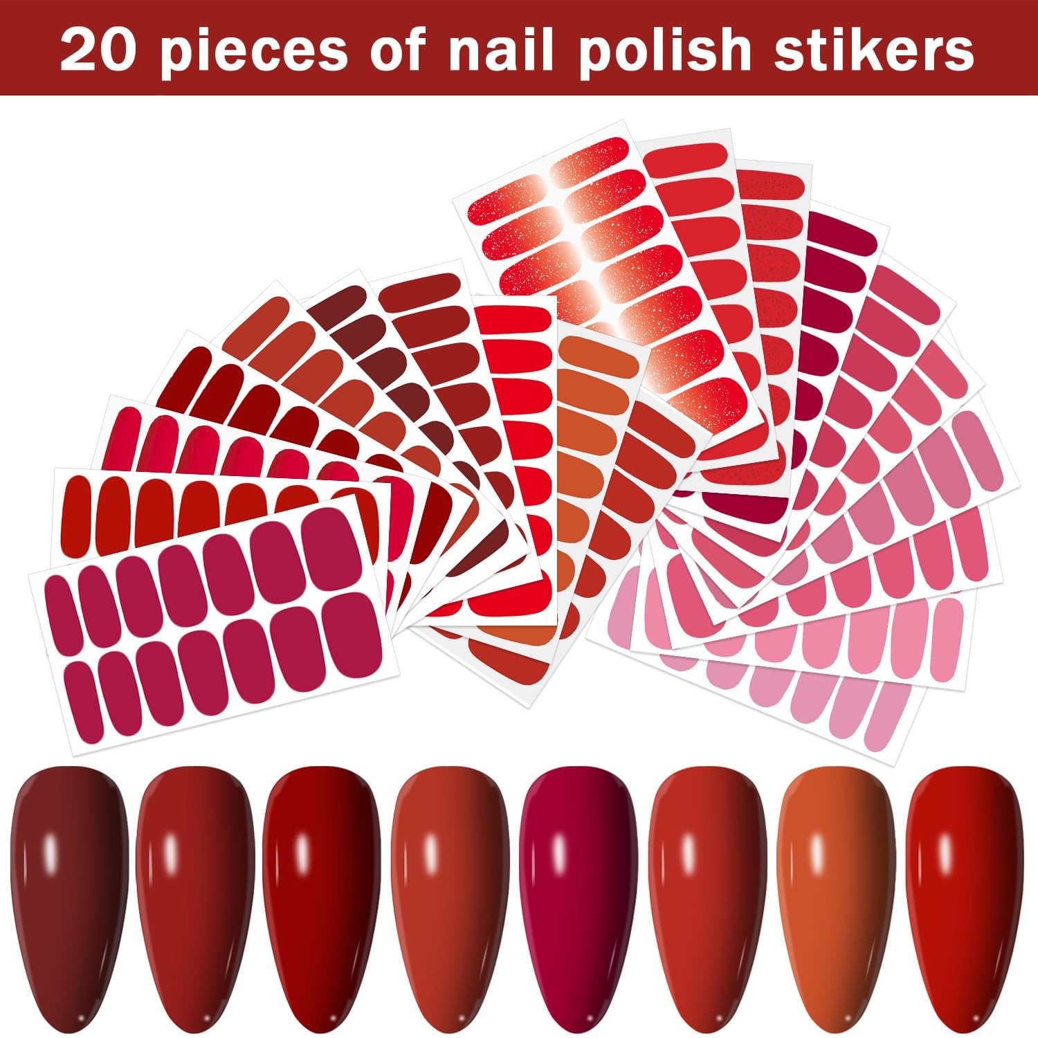 20 Sheets 280 Pcs Red Nail Stickers Full Nail Wraps，Solid Nail Polish Strips …