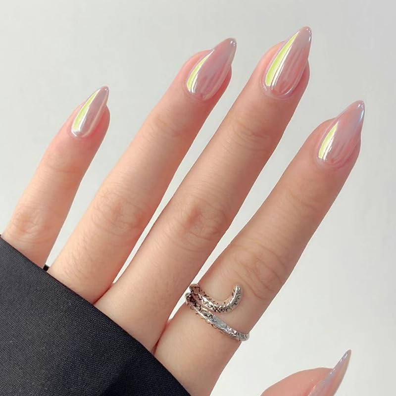 Almond Press on Nails Medium Pink Fake Glossy Chrome Medium, Style9