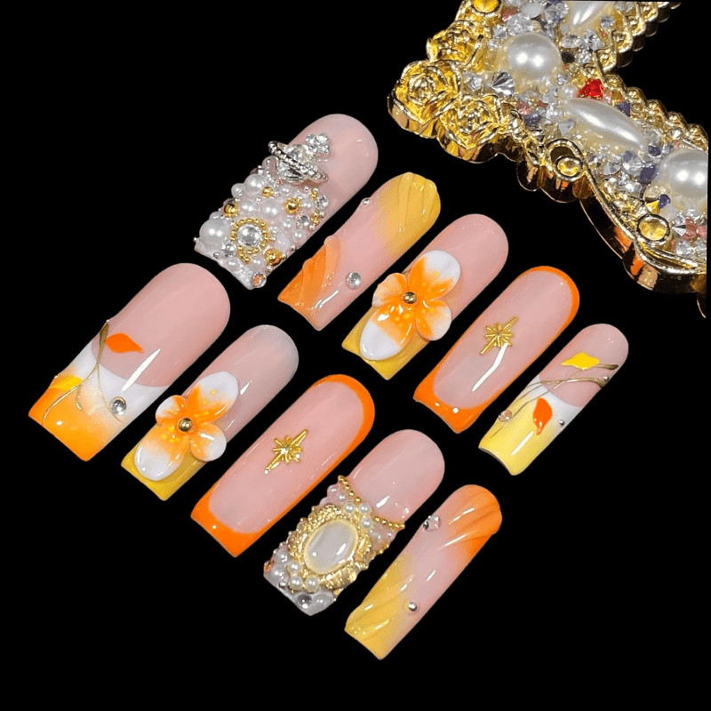 Handmade Long Square Nails Peach Orange Ombre 3D Flower Pearl Rhinestone