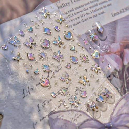 Butterfly Nail Stickers 5D Embossed Gold Laser Heart Moon Star Nail Art Style-8