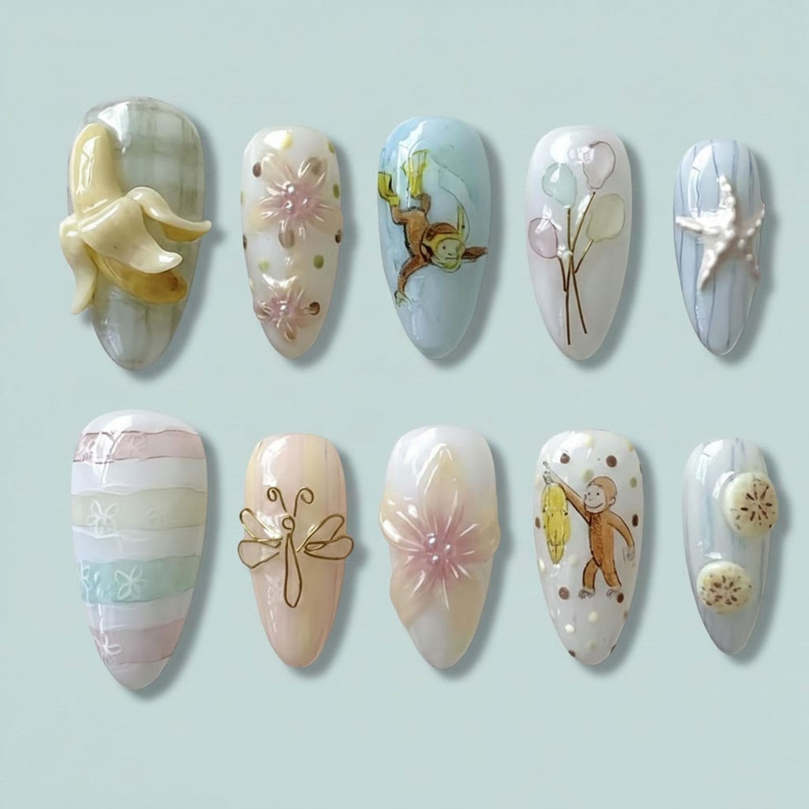 Handmade Curious George Monkey Banana 3D Flower Starfish Almond Press on Nails