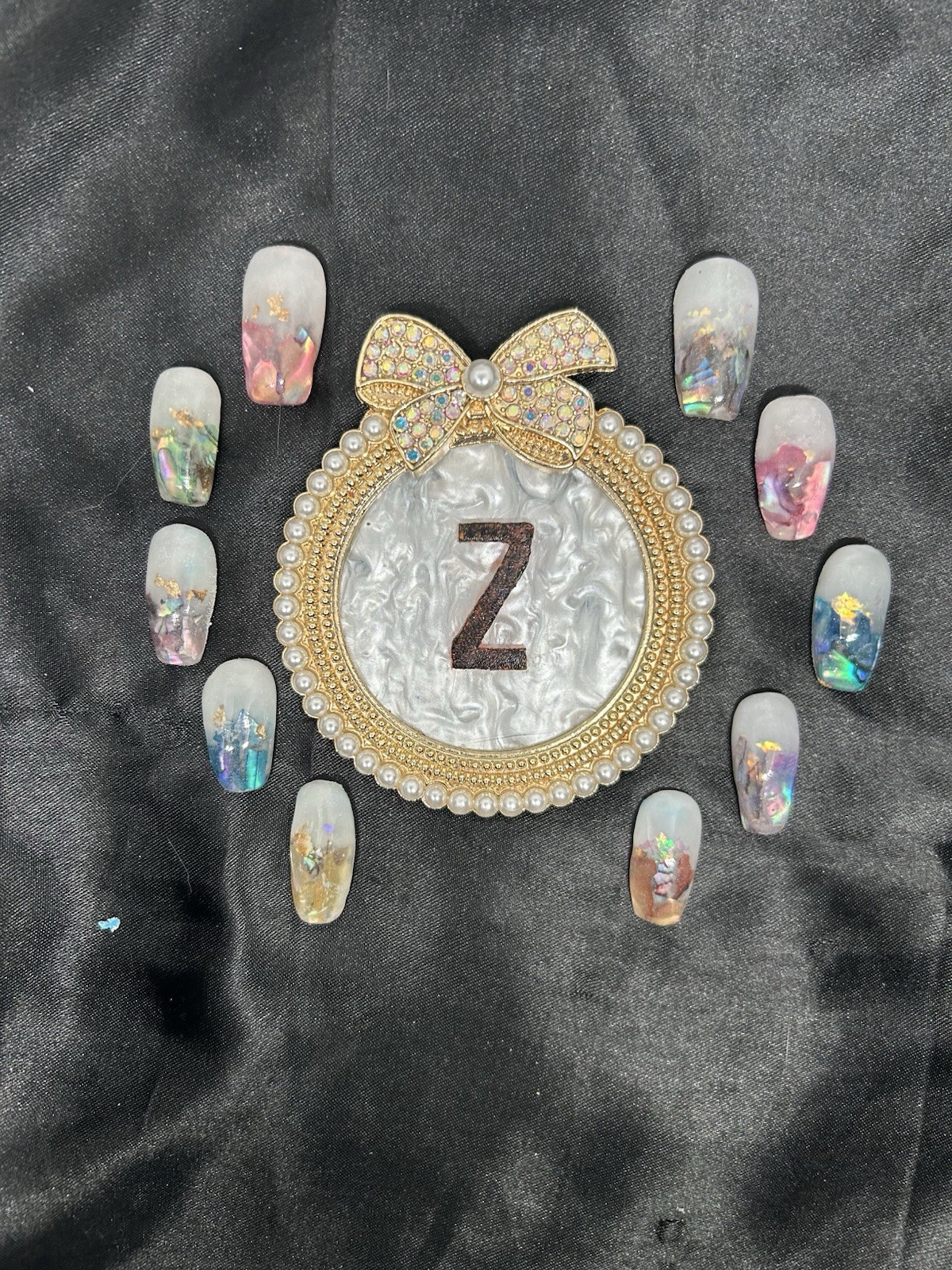 Z NAILZ! Handmade Gorgeous Milky White & Encased Abalone Shell Press On Nails
