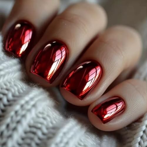 Red Press on Nails Short Square Fake Nails Wine Red Metal Chrome False Style 18