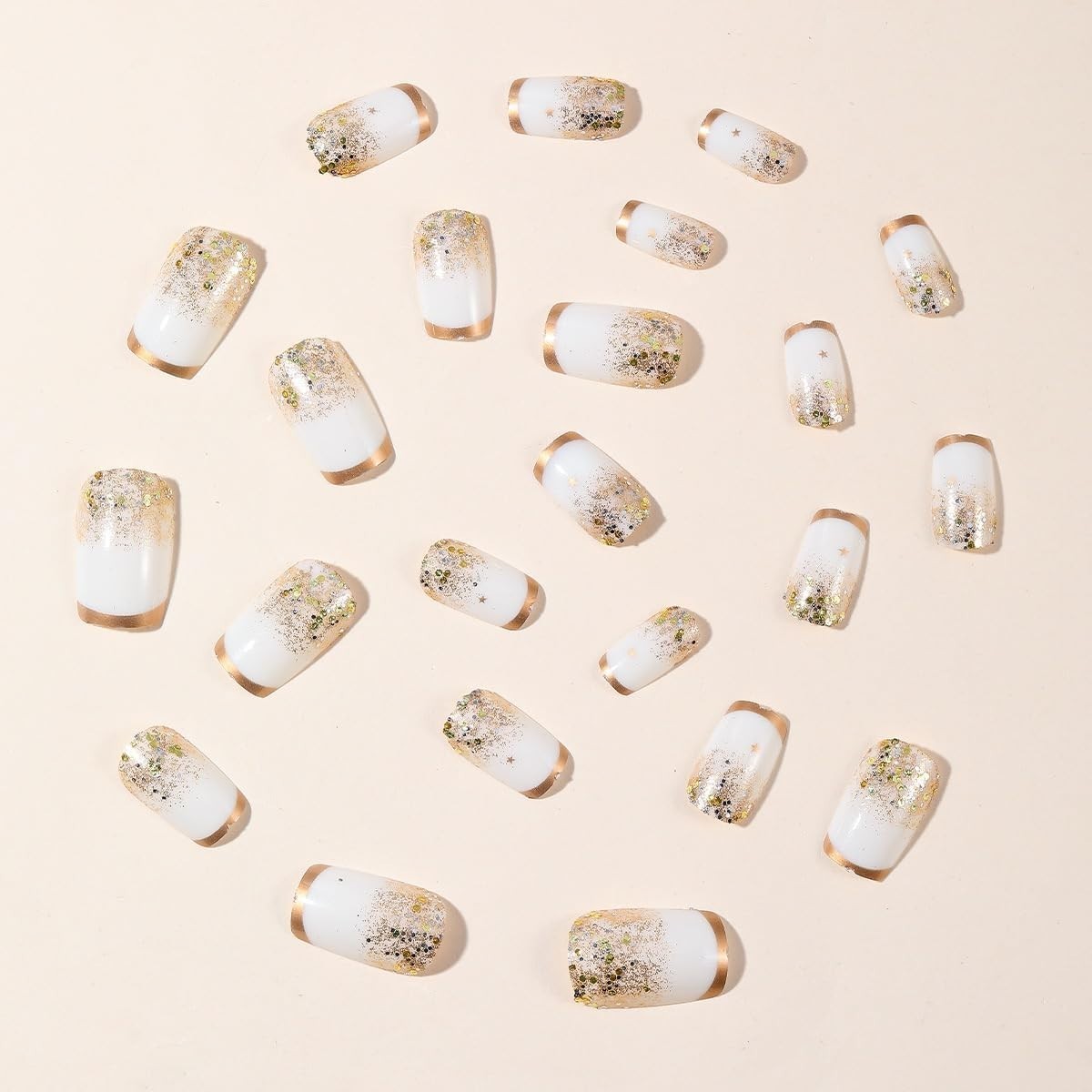 24Pcs Medium White Press On Nails with Gold Glitter – Glamorous Fall Manicure