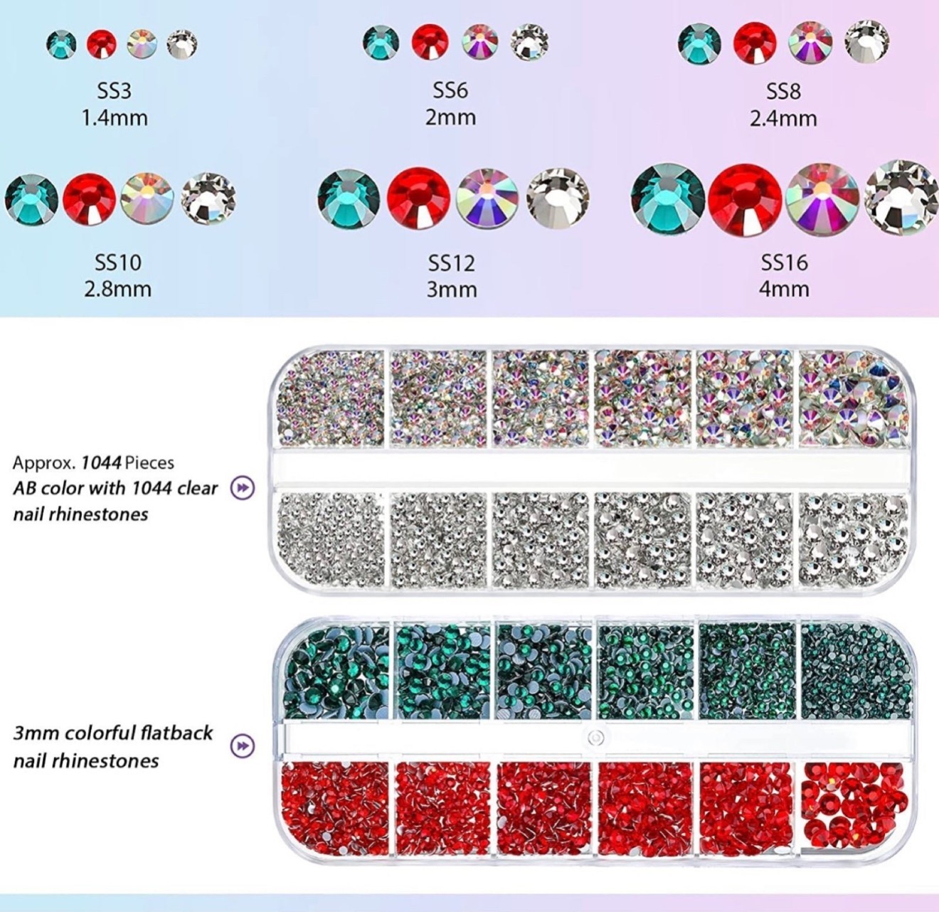 4488 Pieces Nail Art Rhinestones Crystal Flatback (Red, Blue, AB Color, Clear)