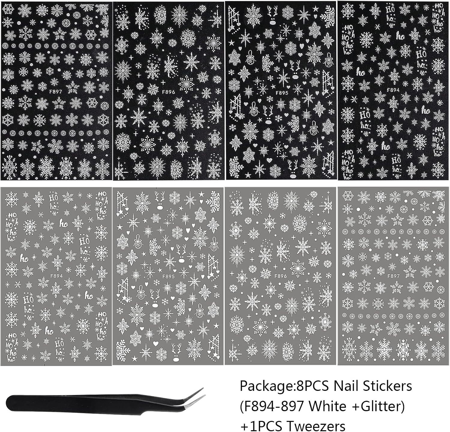 Nail Art Supplies: 8 Sheets of Winter Stickers with Snowflakes and Bells