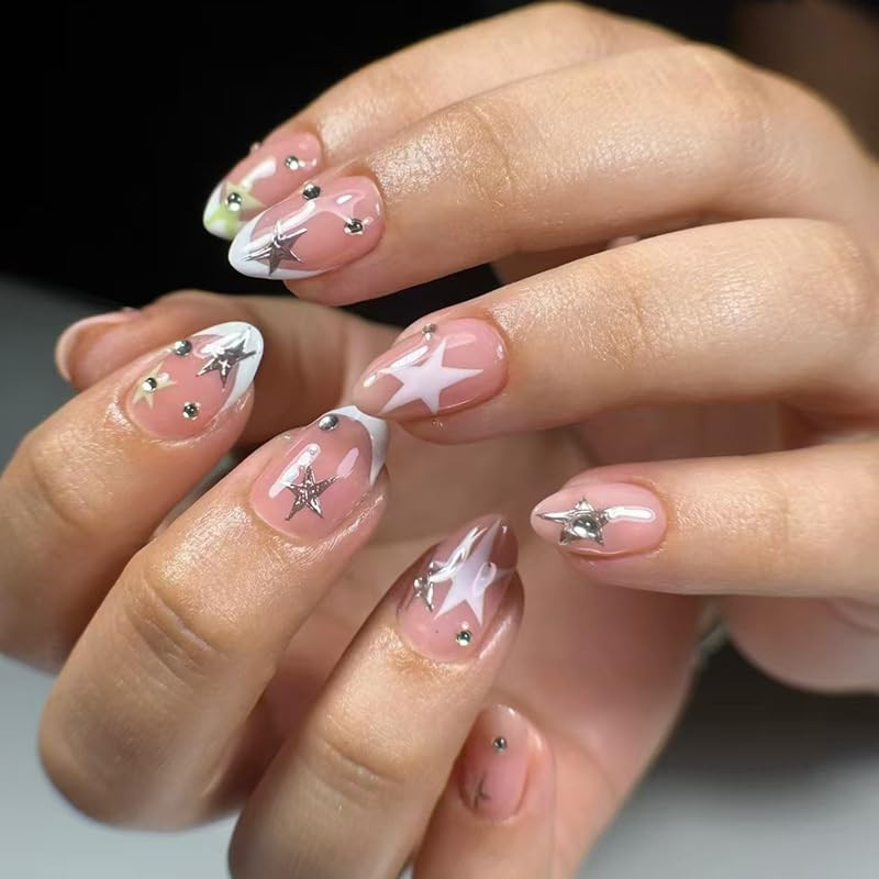 Silver Star Press on Nails Medium Almond Fake Nails 4Th of July False Nails Rhin