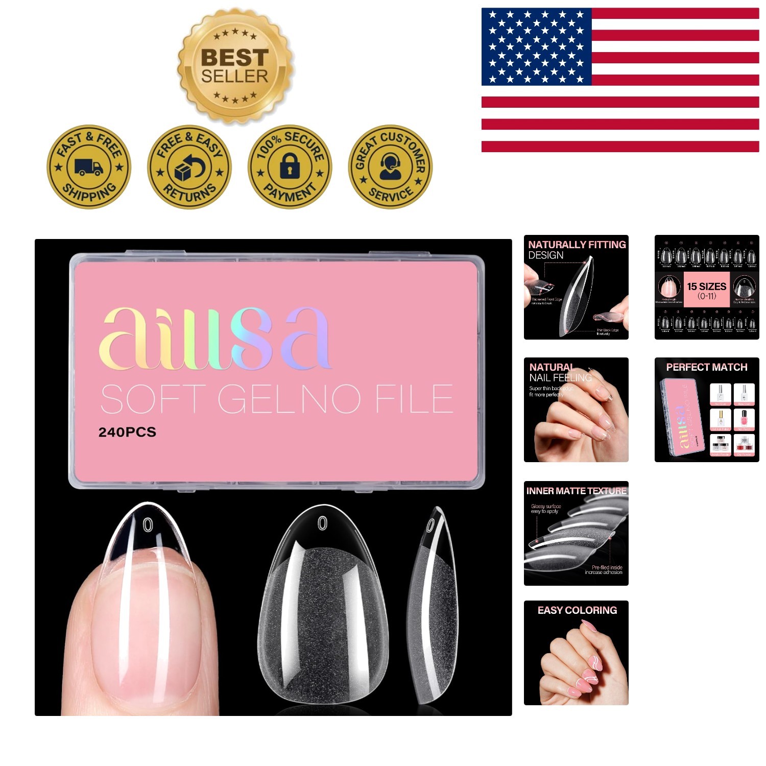 Pre-Shaped Almond Nail Tips – 240PC Gel Jelly Press-On for Effortless Glam