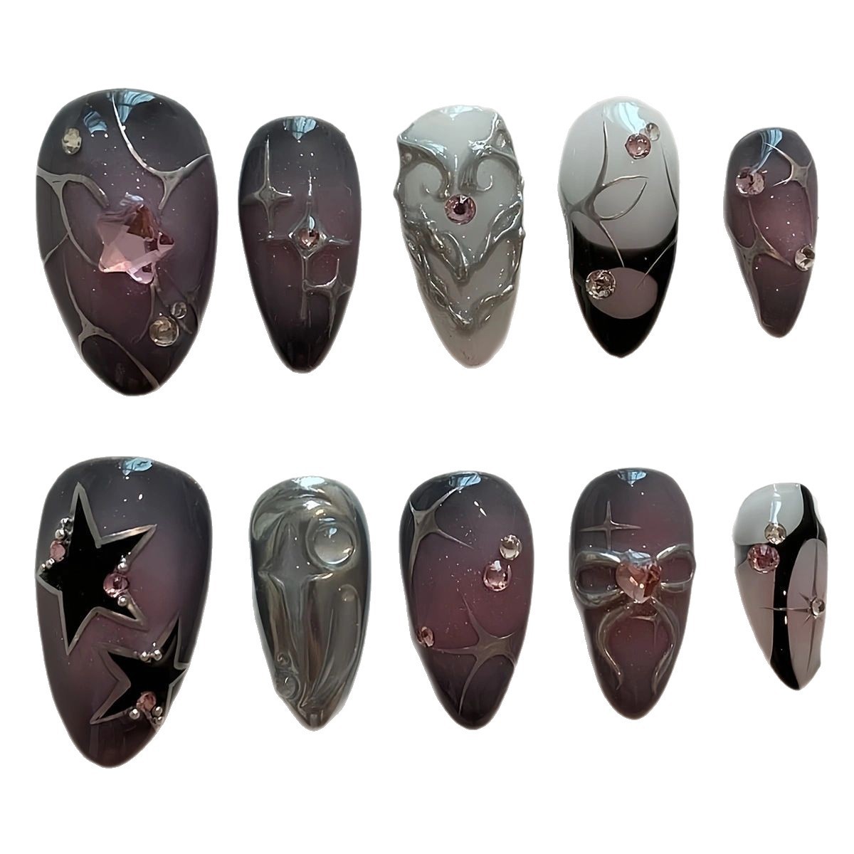 10pcs Handmade Star Bow Rhinestone Short Almond Press On Nails