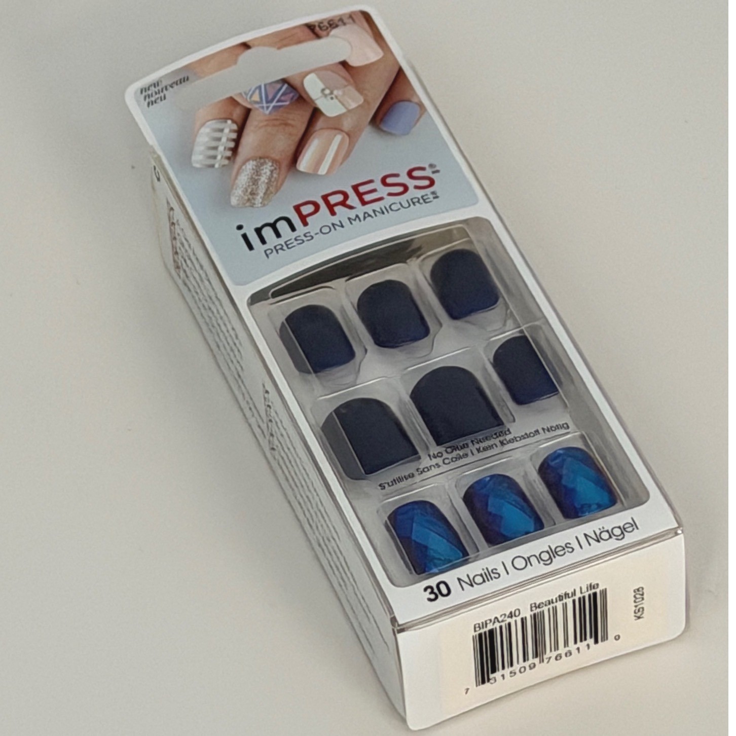 impress Press On Manicure 30 Nails Dark Blue Diamond Accent Short Square 94-22