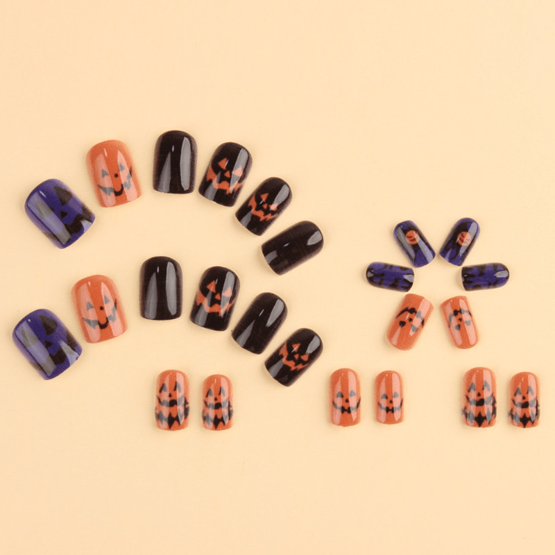 48Pcs-Medium Square Black Orange Purple Halloween Pumpkin Bat Web Press on Nails