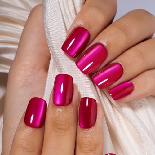 30pcs Press on Nails, Acrylic Fake Nail with Apricot Short Chrome hot pink