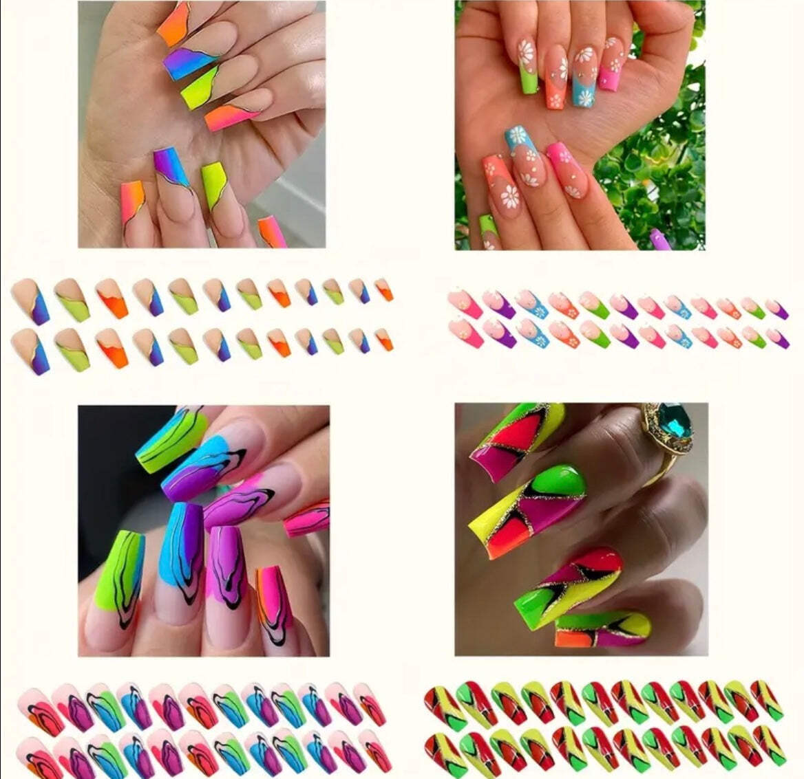 96 pcs (4 Packs) Floral Press on Nails With Rhinestones, med Ballet Shape With a
