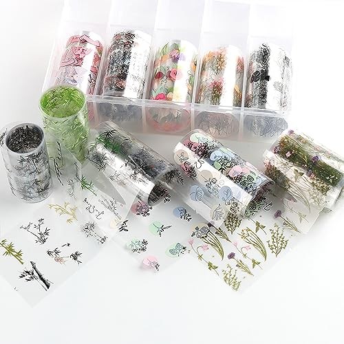 10 Rolls Flower Nail Foil Transfer Sticker Kit Bamboo Ink Painting Pattern