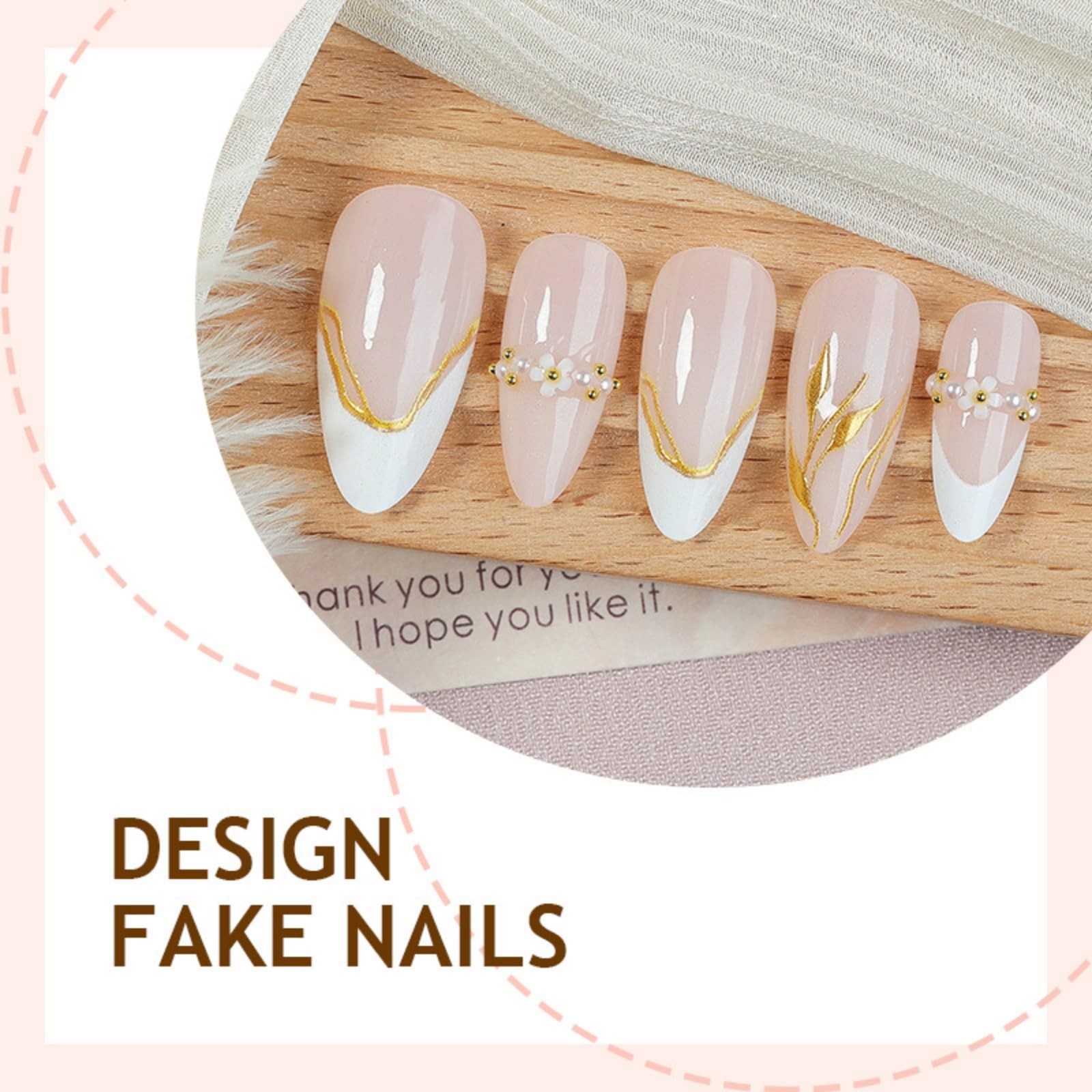 Almond Press on Nails White French Tip Fake Nails Gold Leaf False Nail with 3…