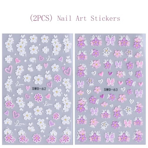 2 Sheets Spring Flower Nail Art Stickers Decals 5D Embossed Nail Decals Self W5