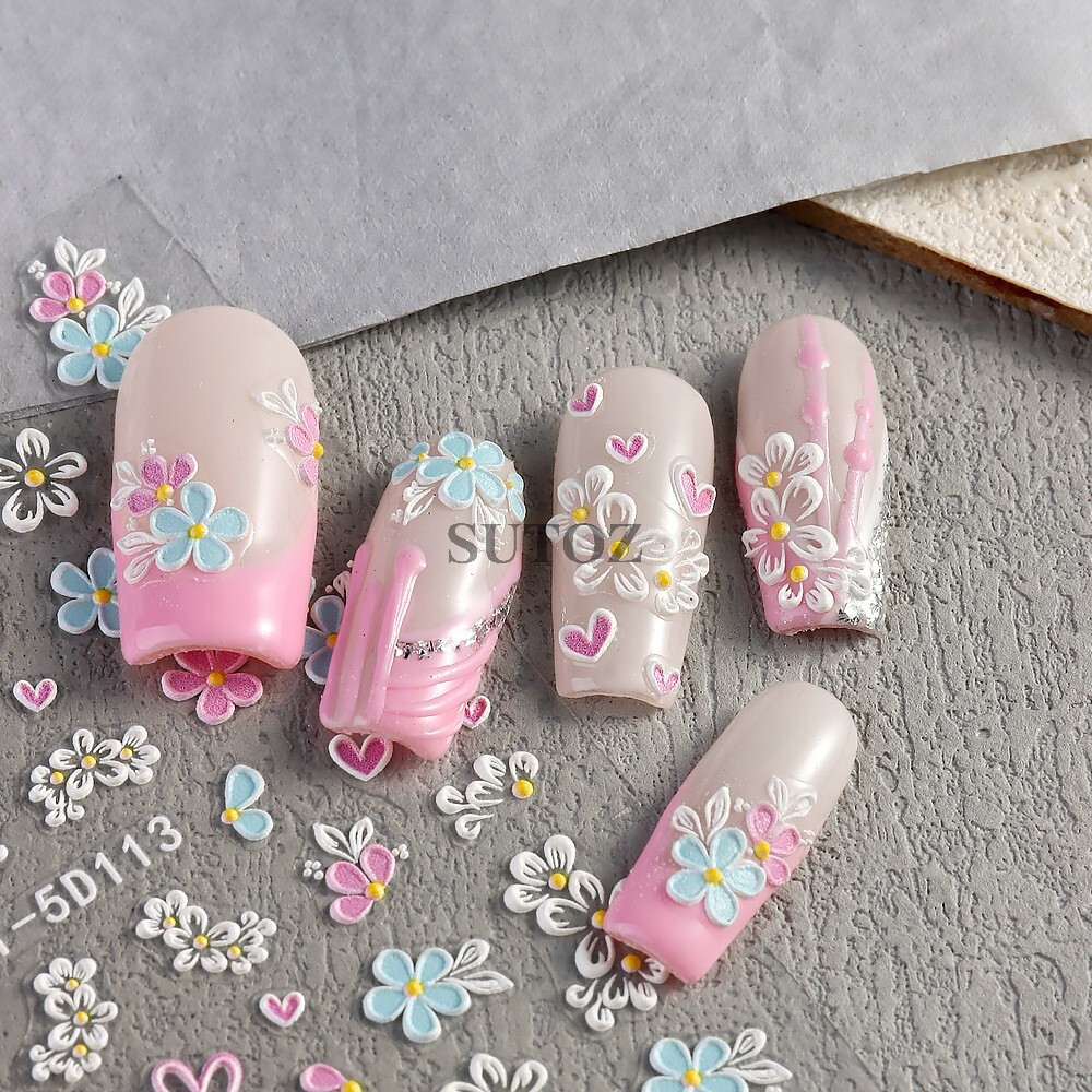 5D Embossed Daisy Rose Butterfly Camellia Flower Nail Art Stickers Self-adhesive