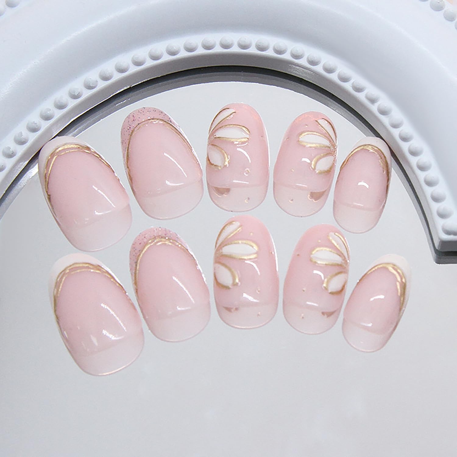 24Pcs Almond Press on Nails French Tip Fake Nails Flower Glue on Nails Medium…