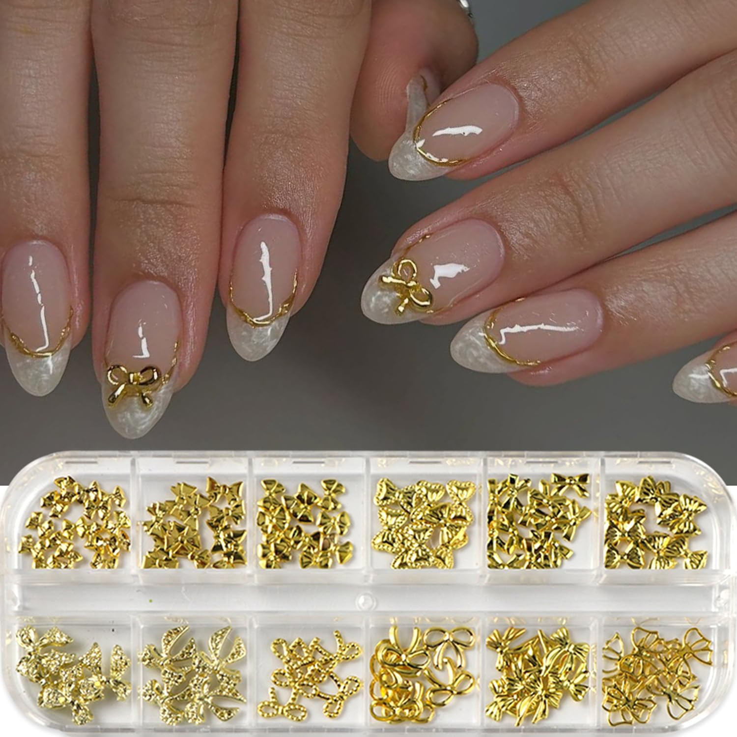 12Grids Gold Bow Nail Charms 3D Metal Bow Nail Art Charms Cute Bow Knot Nail Rhi