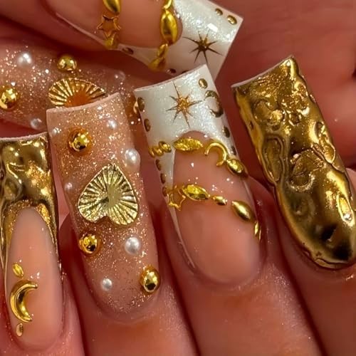 CTTHNBD Gold Press on Nails – Long Square Fake Nails with Star Moon Golden
