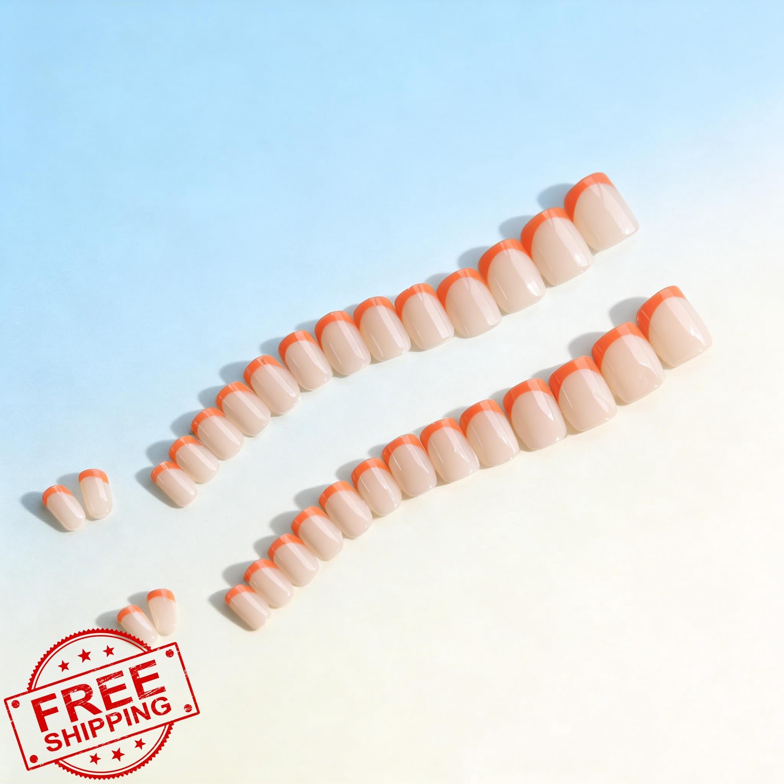 SXVME Short Square Orange French Tip Press On Nails Kit 30pc Glue