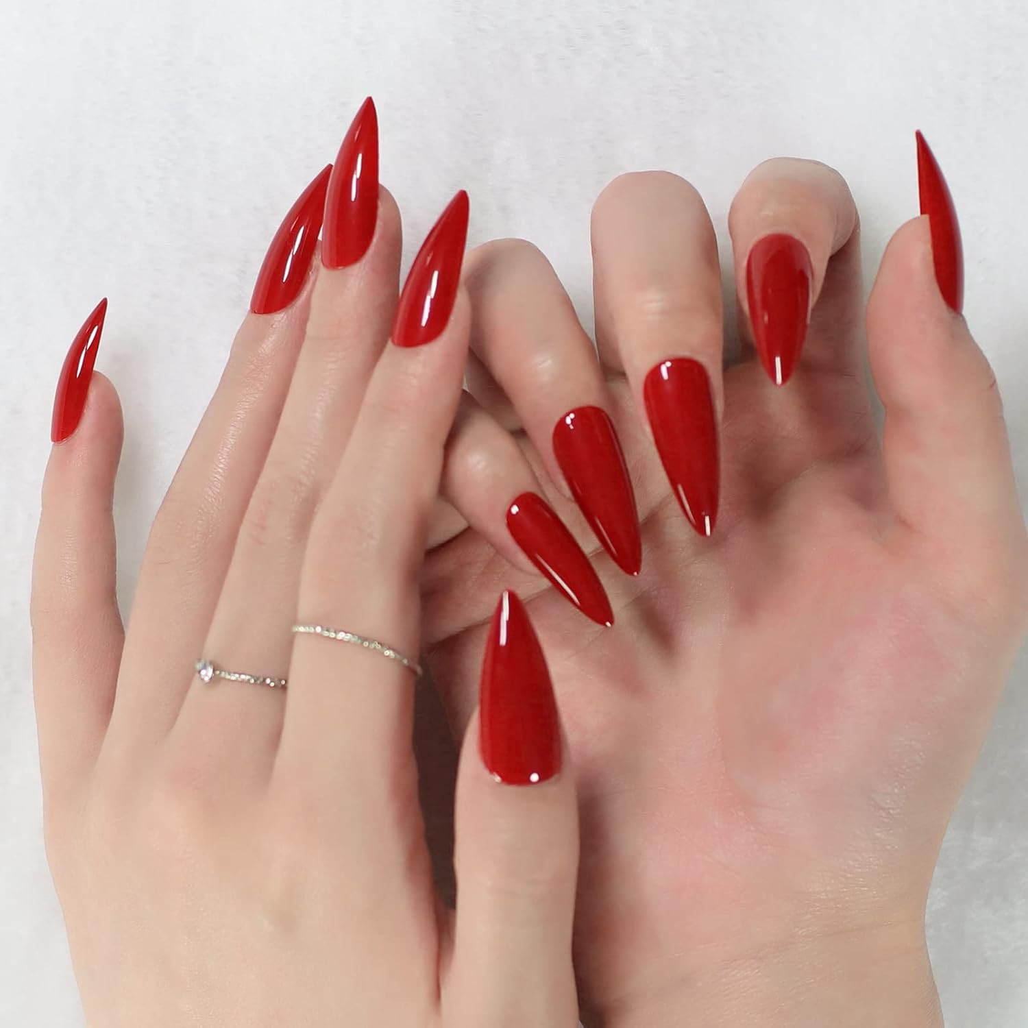 Glossy Red Press on False Nails Medium Long Stiletto Fake Nails Salon Nail Art T
