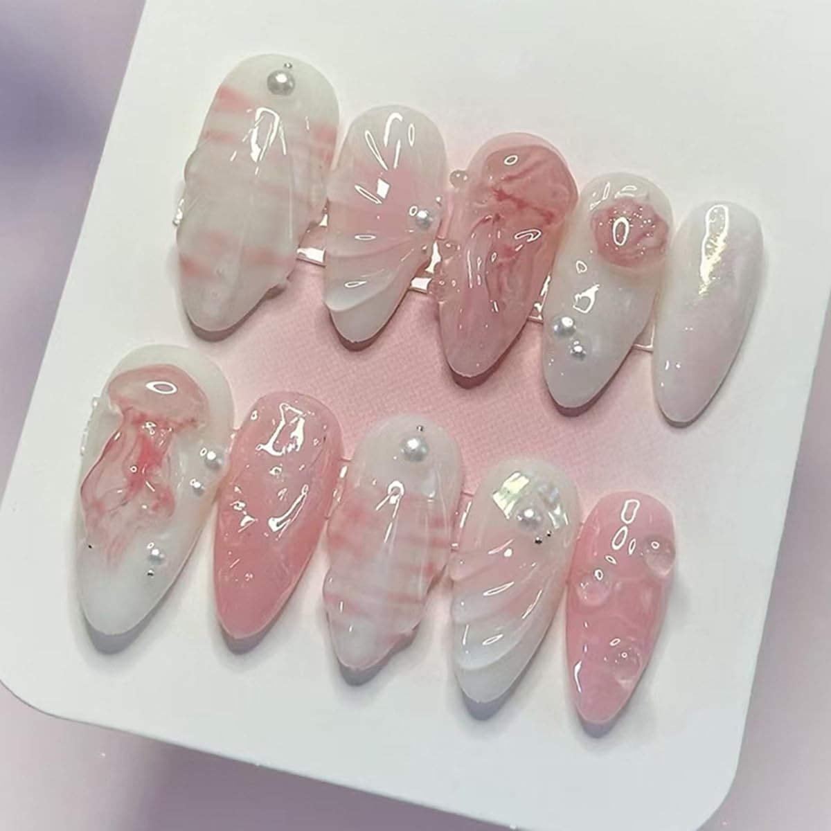 24 Pcs Summer Press on Nails Short Almond, Fake Nails Press ons Acrylic Nail …