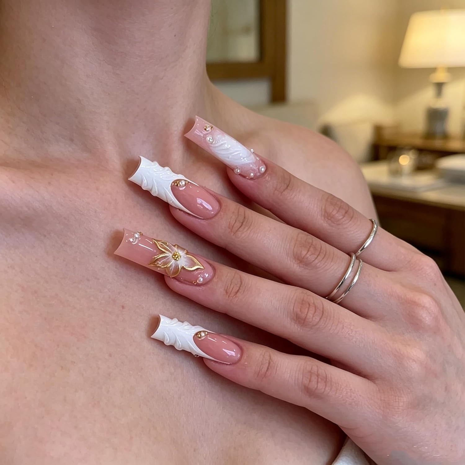 Press on Nails Square Long Acrylic Nails for Women 24pcs | White with PInk