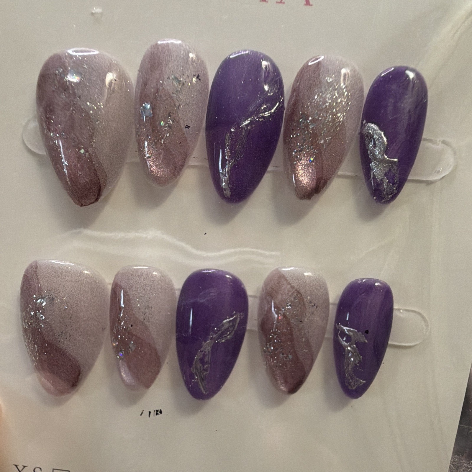 Almond Glitter Press-On Nails Purple Pink White Full Cover Size Medium