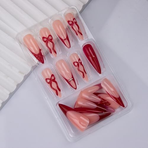 Red French Tip Press on Nails Medium Almond Fake Nails Wine Red Bow Style 7