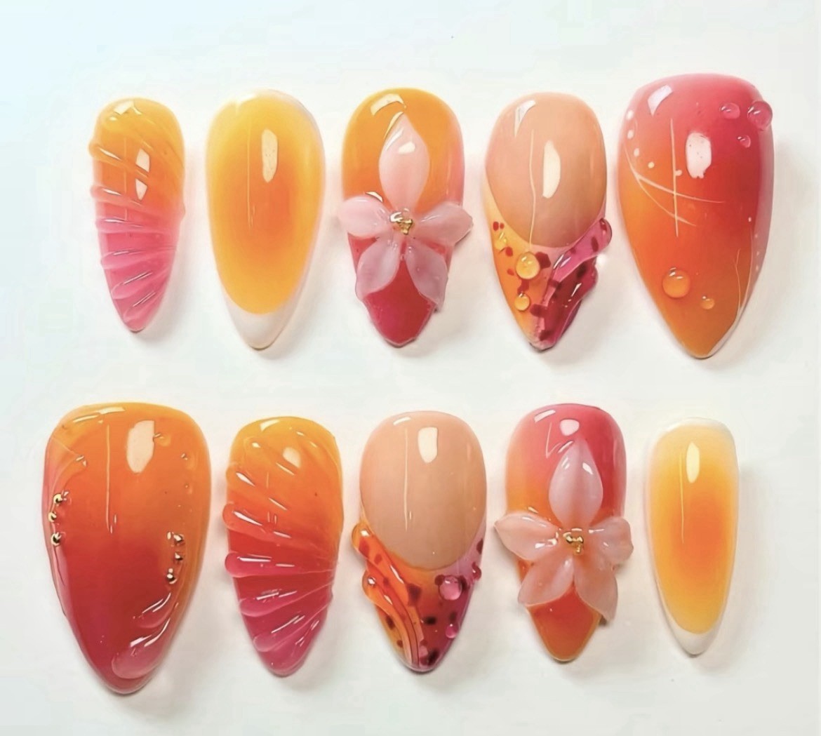 Long Almond Press-On Nails, Orange Pink Nude Ombre, 3D Flower, Shiny Acrylic