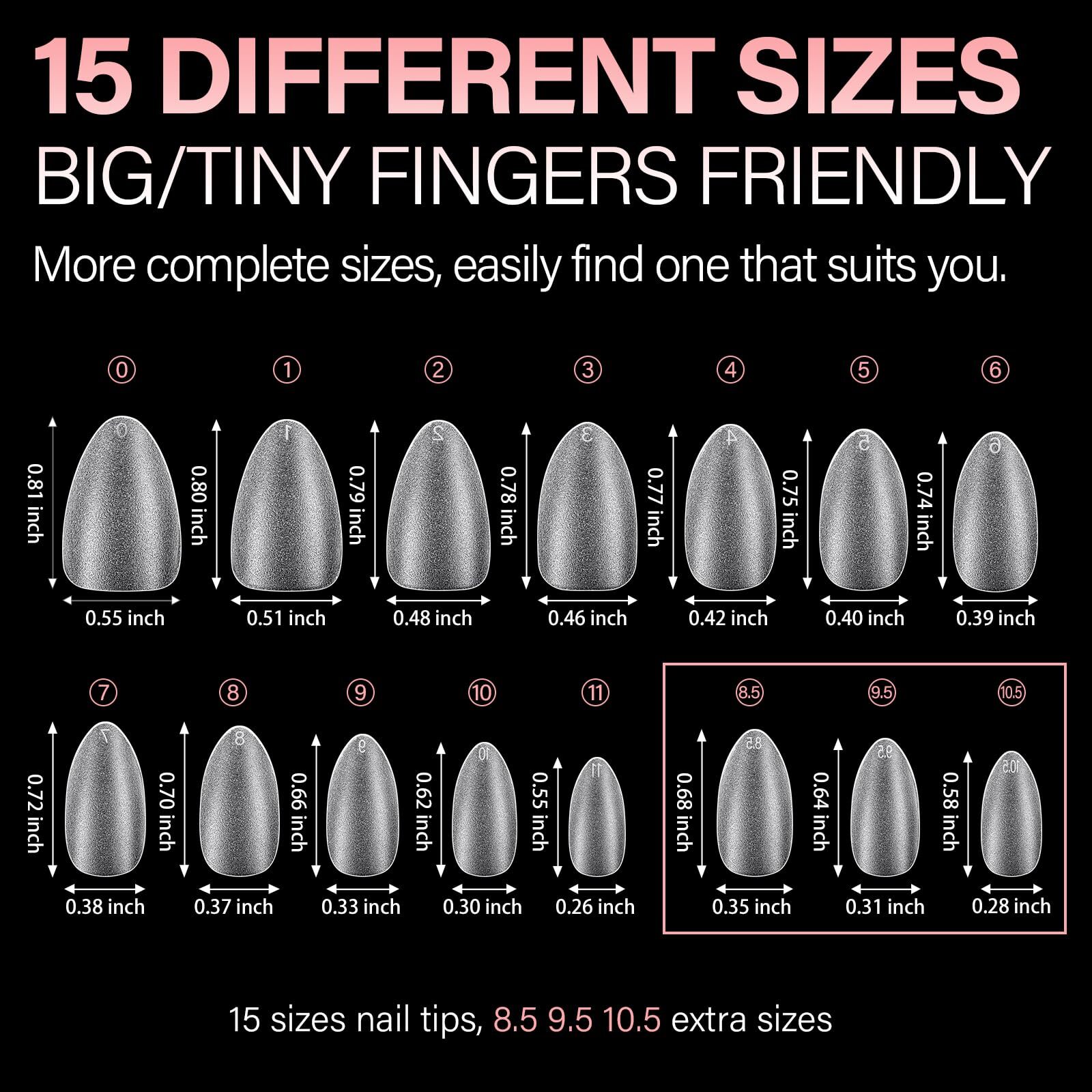 450PCS Short Almond Pre-Buff Gel Nail Tips for Extensions 15 Sizes