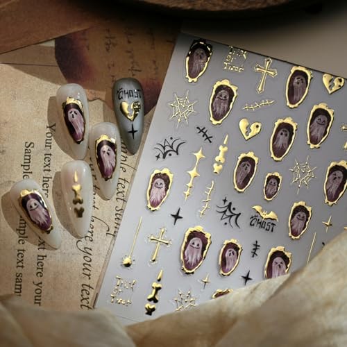 5D Embossed Ghost Nail Art Stickers Gold Frame Nail Stickers Halloween Style-4