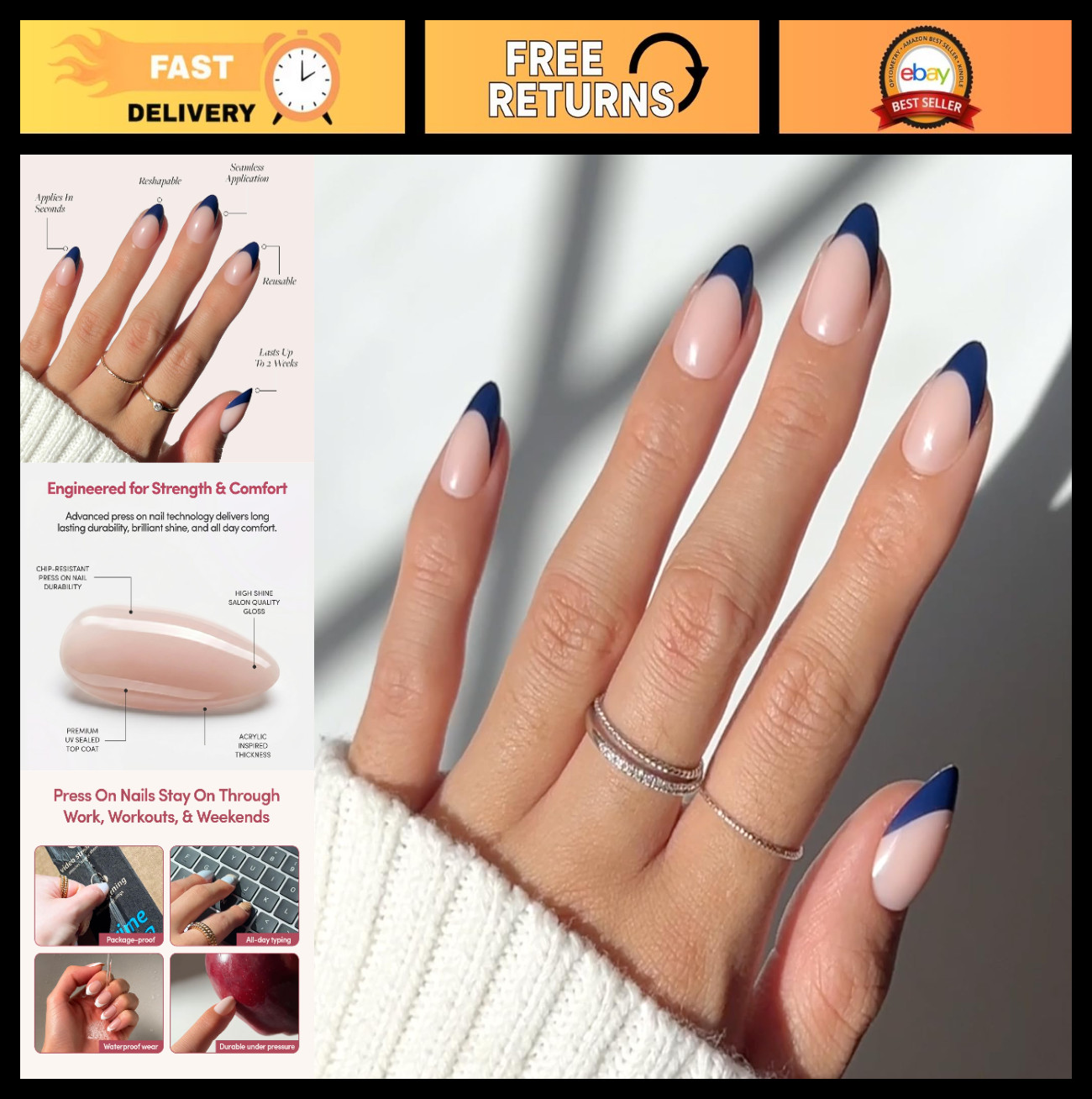 Short Almond Glossy Press On Nails – 30 Pc Full Kit, Navy French Tip, Waterproof