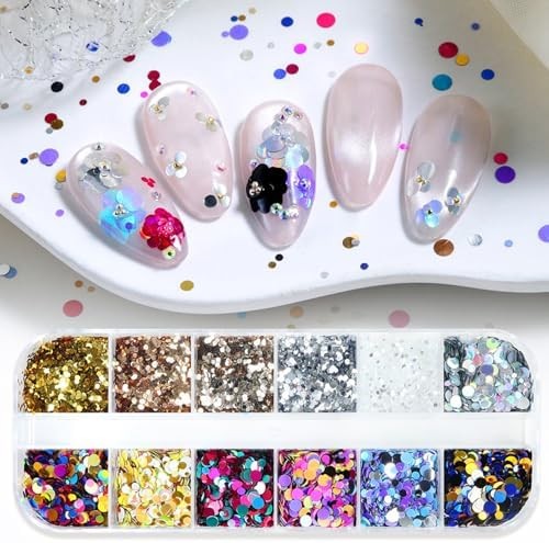 12 Grids Polka Dot Round Sequins Mixed with Colorful Nail Art Glitter Kit – Colo