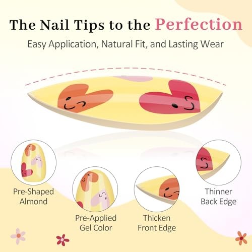 16 Sizes Press on Nails Kit for Kids – 32 Pieces French Almond B-Happy Smile