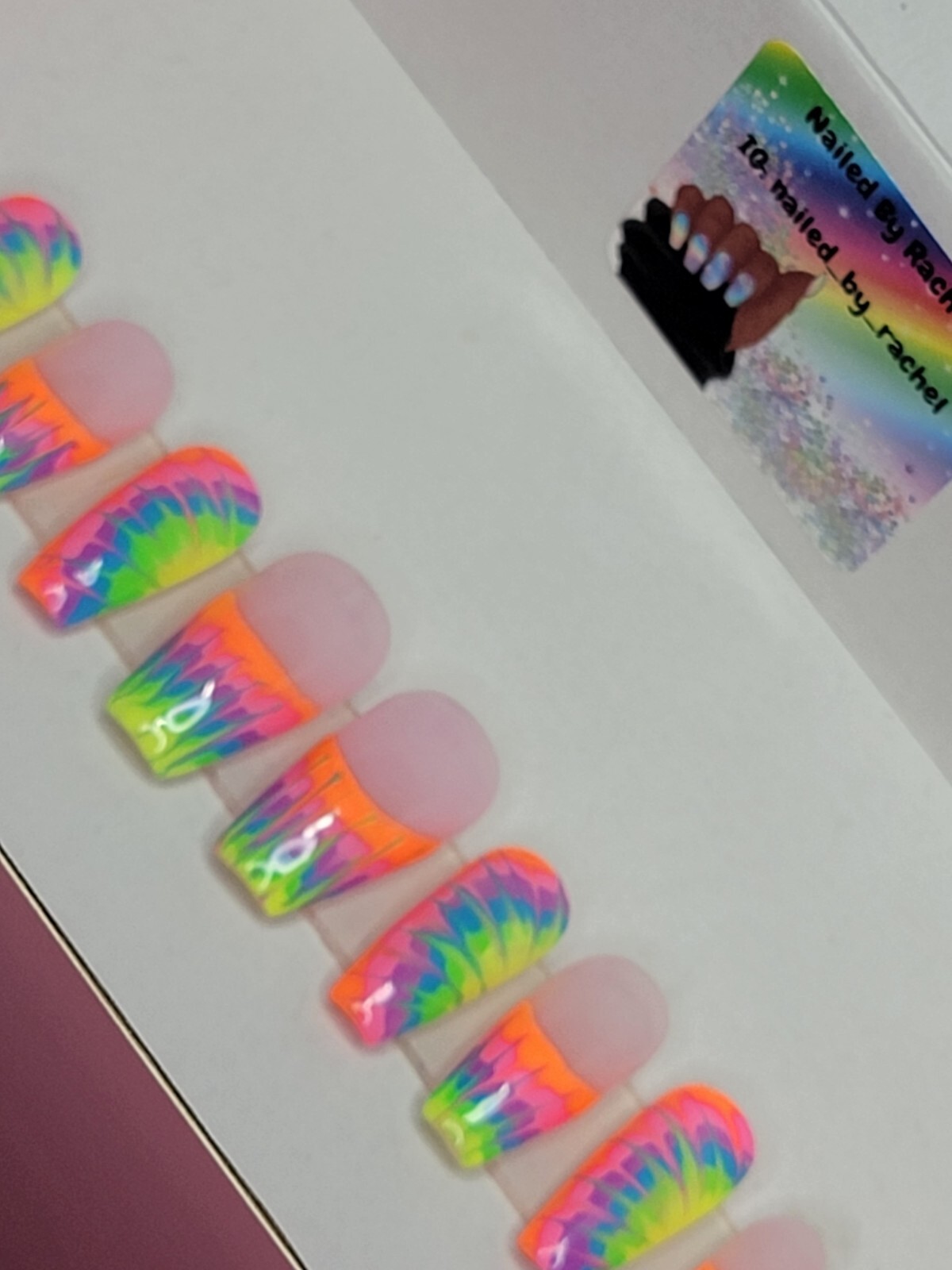 Rainbow neon tie-dye press on nails short coffin French tip pride nails