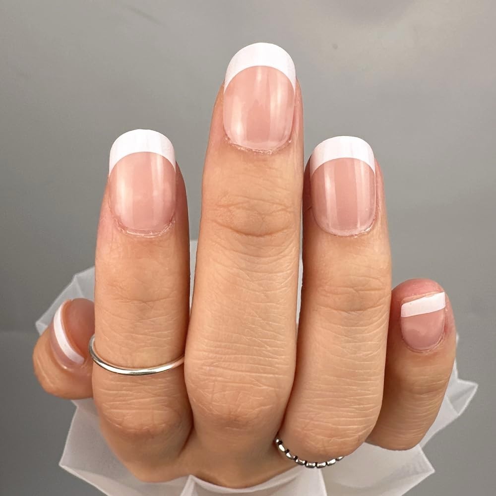 Curvlife Press on Nails 30Pcs Short Square French Natural Acrylic Fake Nails