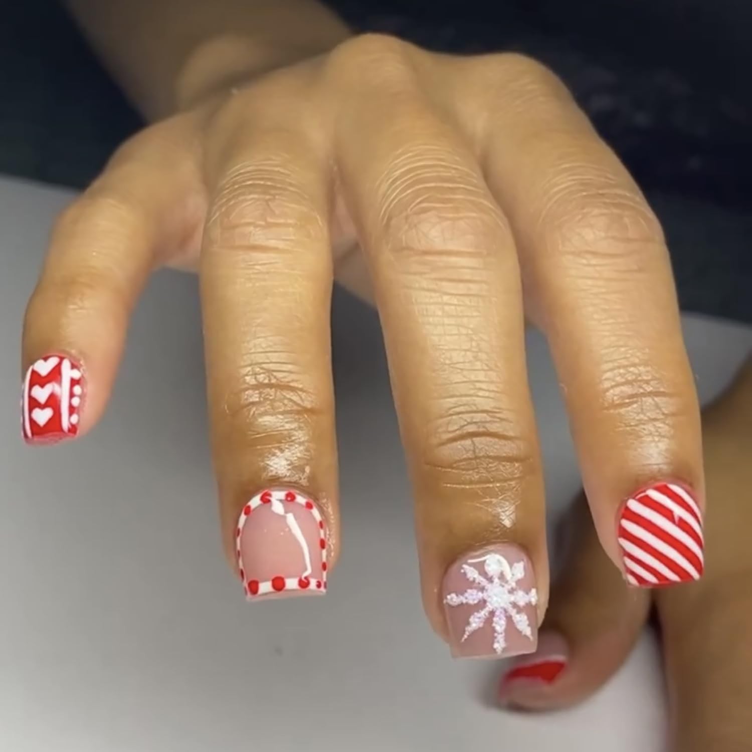 Christmas Fake Nails Short Square French Tip Winter Press on Nails Red White …