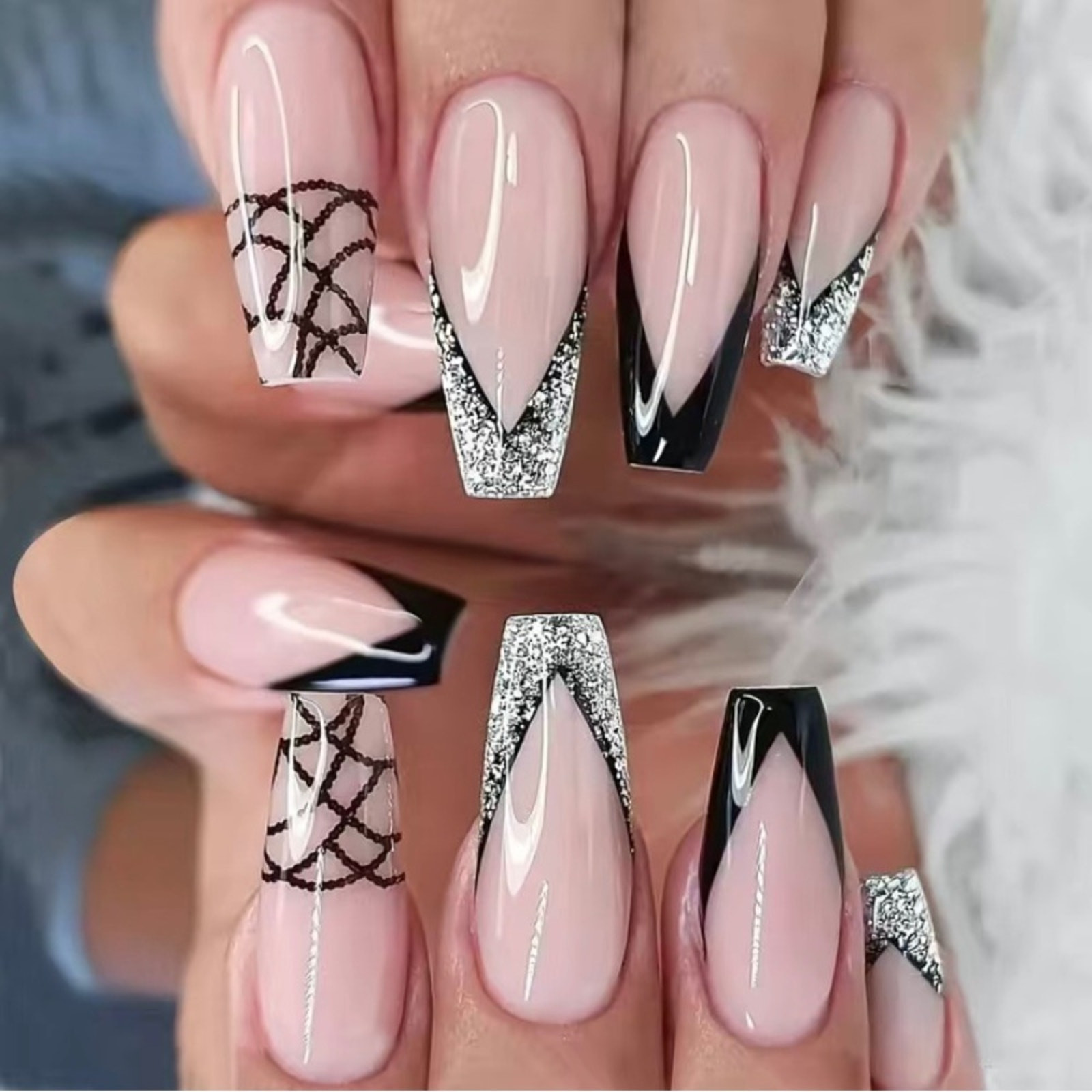 Fishnet Bling Press On Nails 25 Pc Pink Black Silver Sparkle Long Coffin w/Glue