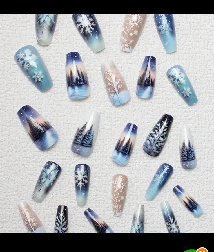 24pcs Christmas Winter Wonderland Nail Tips Boxed With Glue & Tabs Nails
