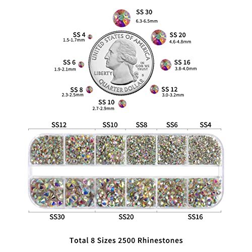 Rhinestones for Makeup,8 Sizes 2500pcs Flatback Rhinestones Eye Crystal AB