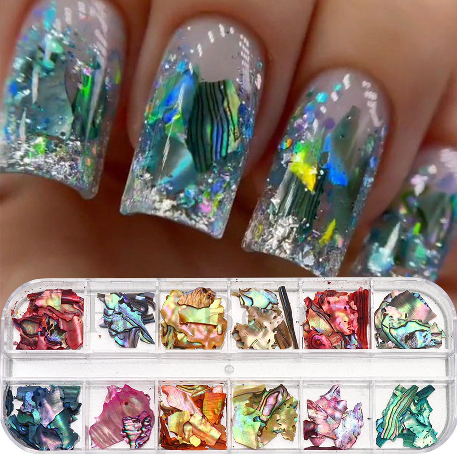 12Grids Nail Art Aurora Abalone Shell Flakes, Shiny Irregular Sea Shell 3D Charm